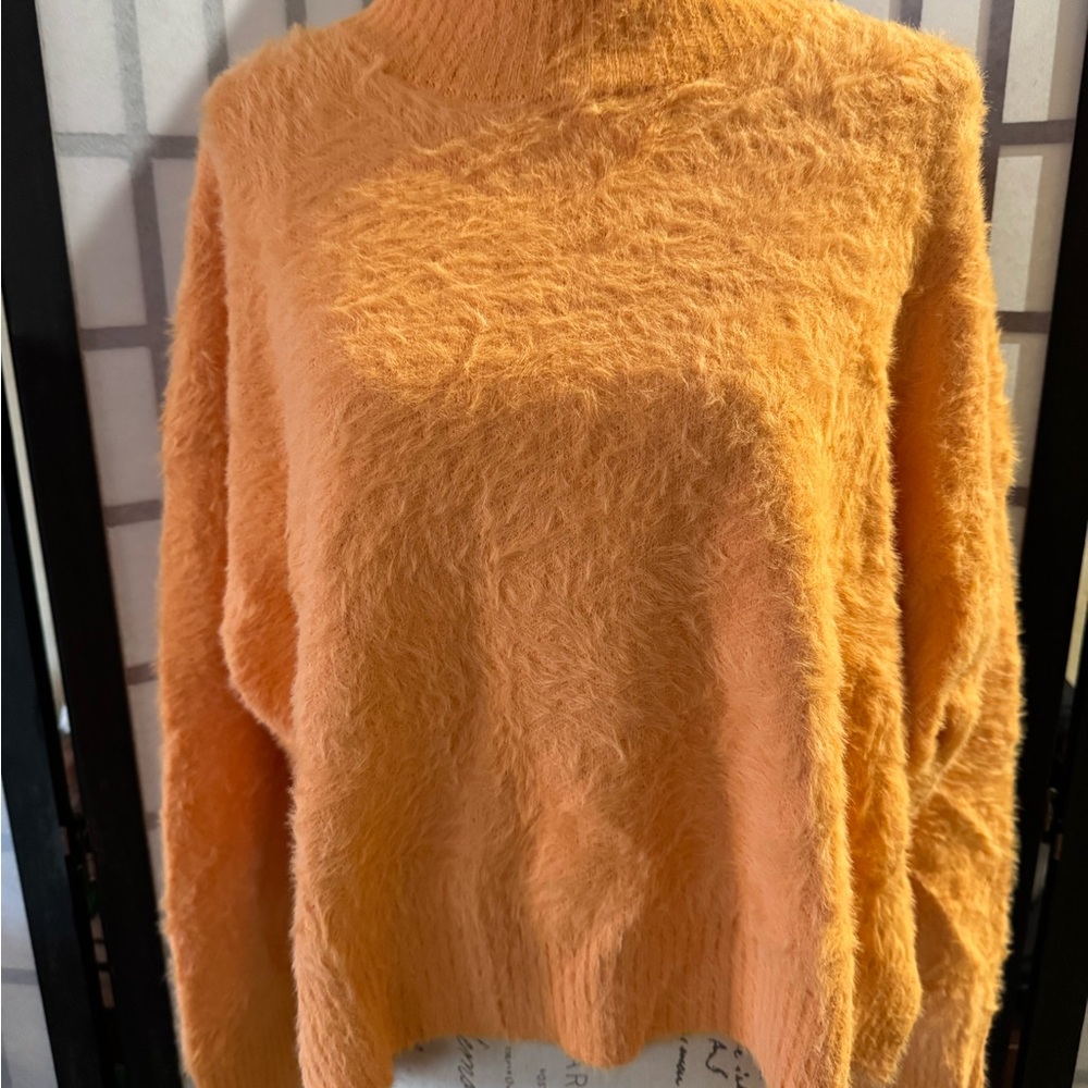 Francesca's Collections Orange Crew Neck Sweater with Textured Pattern